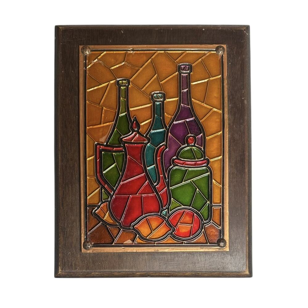Vtg‎ 70s Pressed Copper Wall Art on Wood Wine Bottles Coffee Pot Lemons Colorful
